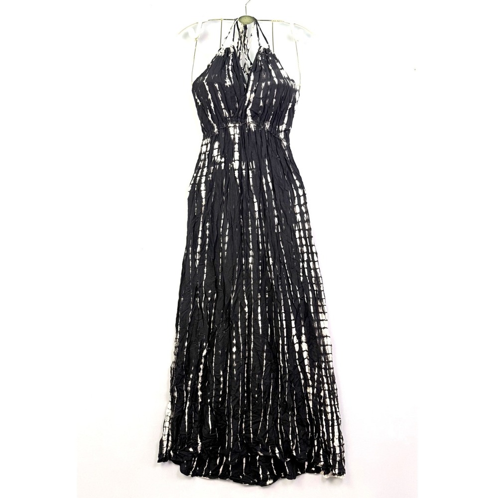 Black White Tie Dye Rayon Halter Maxi Dress Open Back Boho Festival OS Thailand
